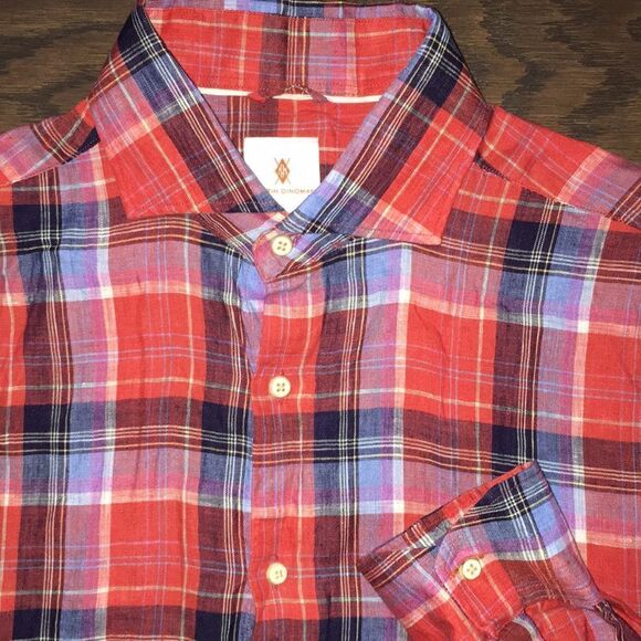 Red & Blue Martin Dingman Tartan Plaid Check 100% Linen LS Button down Shirt XL - Picture 3 of 7